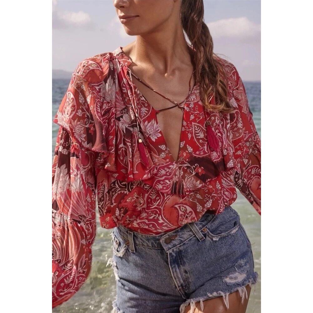Chufy Ancient Burma Oversized Moe Floral Boho Ruffle Blouse Tunic Top XS